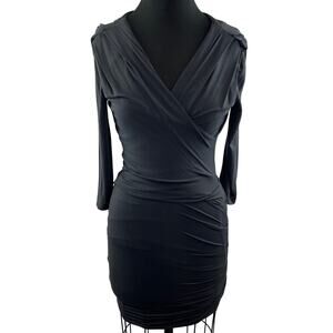 Gemini & Joo Dark Gray Fitted Deep V Neck Drape Dress Size S?